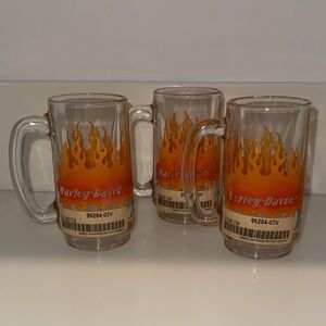 NOS Vintage Harley-Davidson Orange Flame Glass Mugs Set of 3